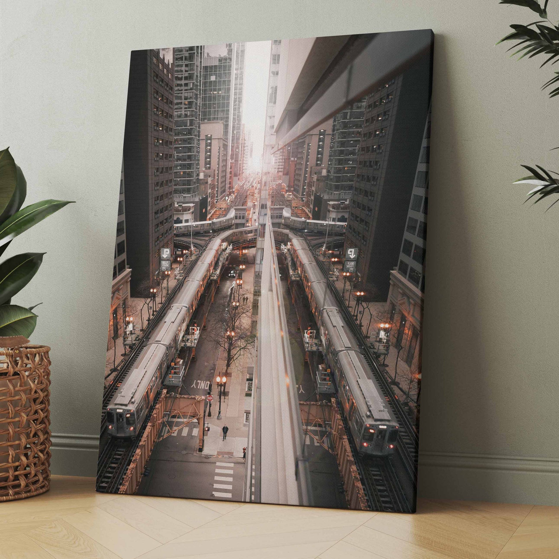 Großes Stadtposter mit Zugstraße zwischen Hochhäusern