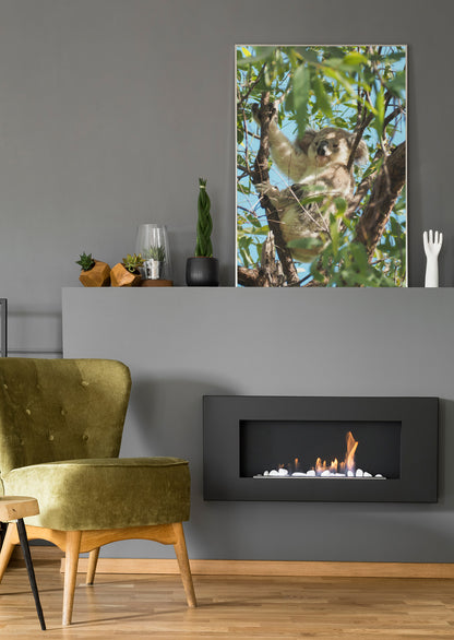 Wandbild mit Koala im Baum, umgeben von grünen Blättern und blauem Himmel