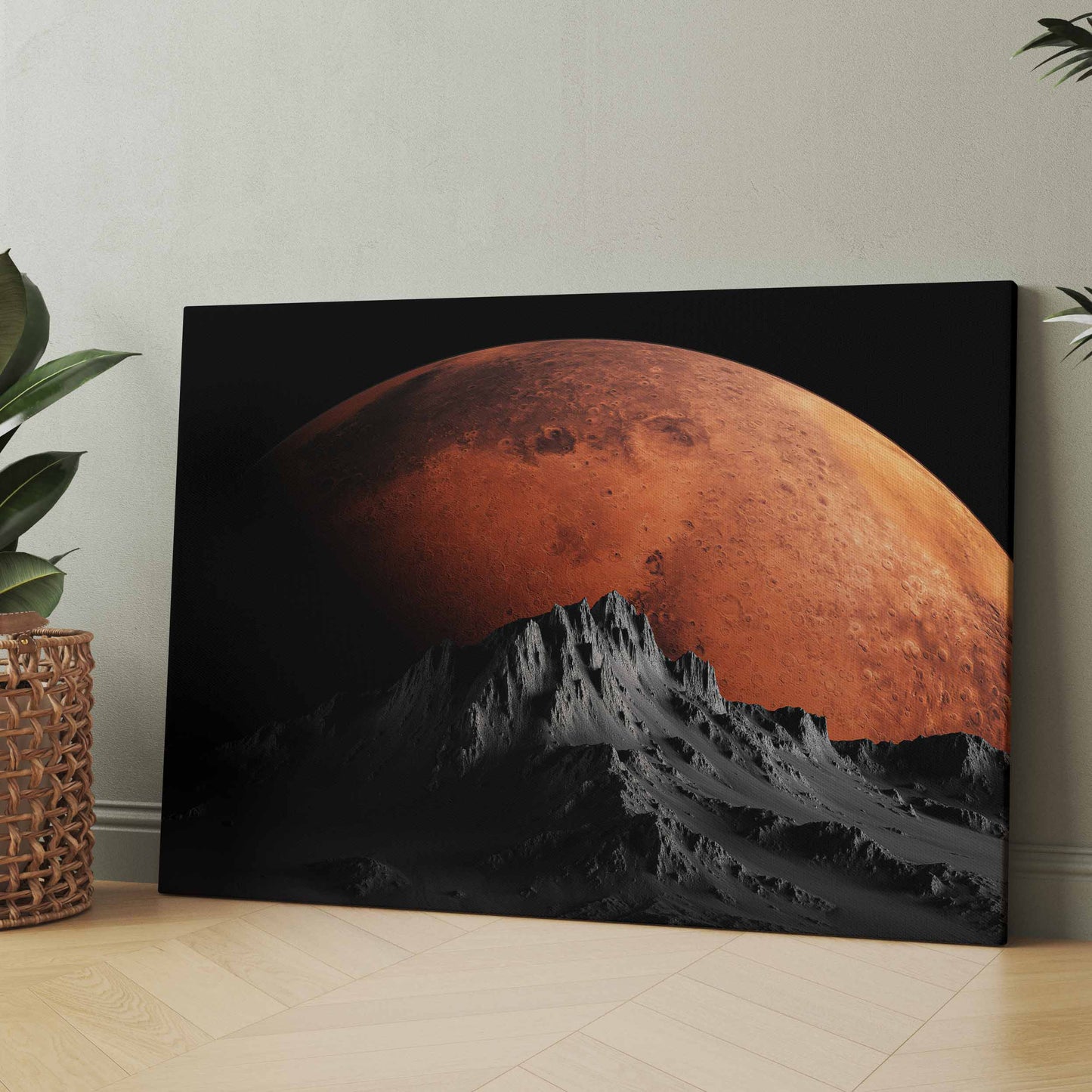 Leinwandbild mit rotem Mond und dunkler Berglandschaft, rechteckig