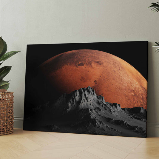 Leinwandbild mit rotem Mond und dunkler Berglandschaft, rechteckig