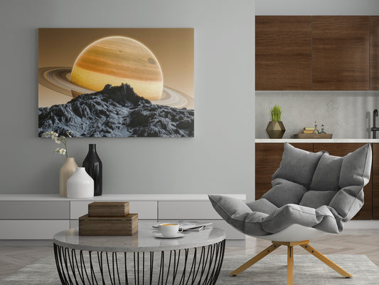 Saturn-Wandbild, rechteckiger Druck mit Planetenscheibe über dunklem Gebirge