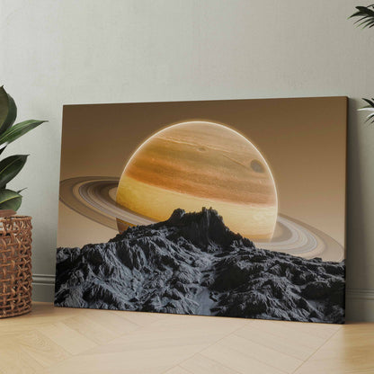 Saturn-Wandbild mit gelber Planetenscheibe über dunklen Bergen und Ringen