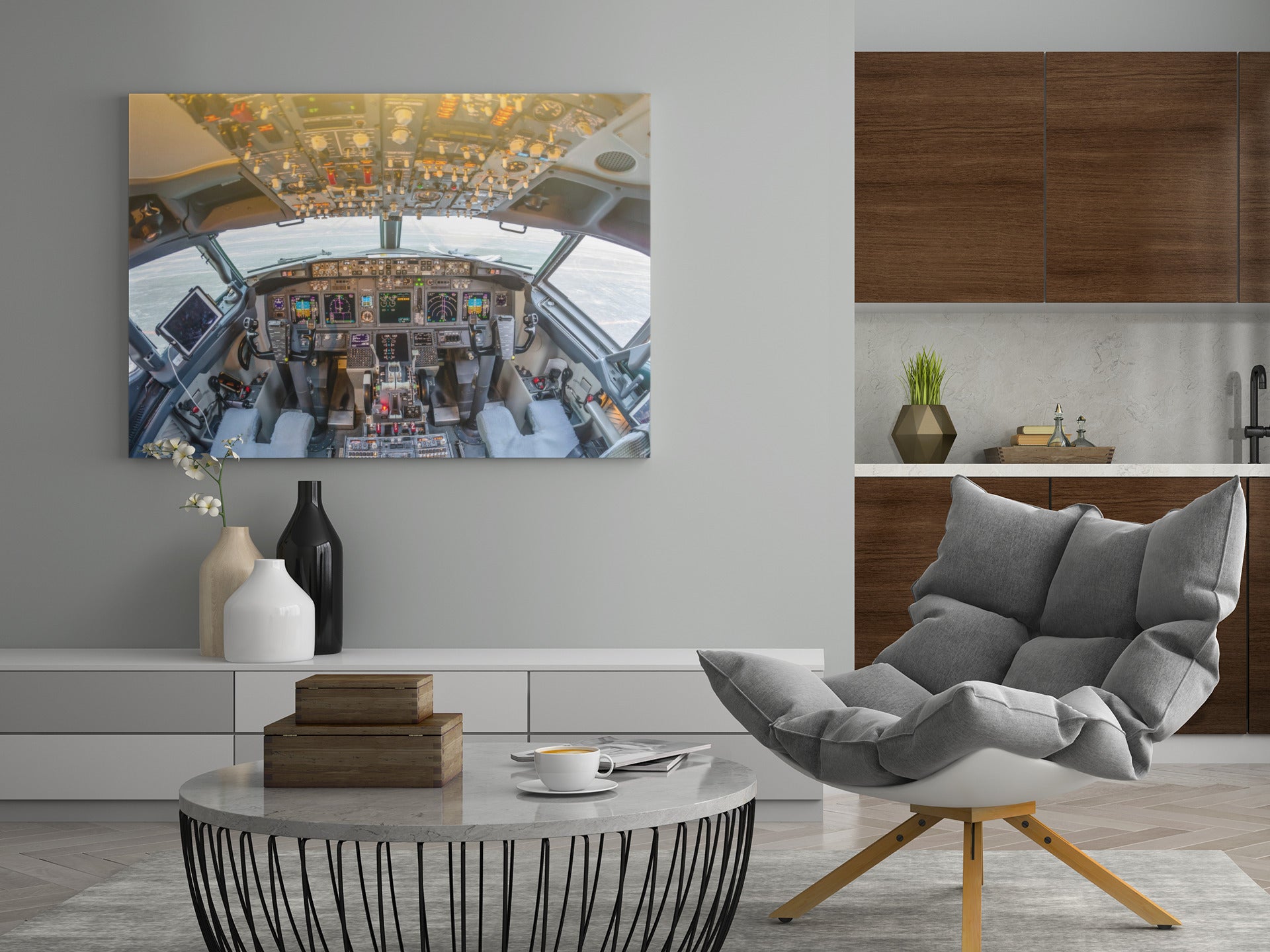 Cockpit-Wandbild, kleines Motiv eines Flugzeugcockpits mit Instrumenten