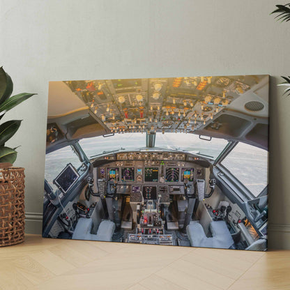 Cockpit-Wandbild mit Ansicht eines Flugzeugcockpits, Instrumententafel und Bedienelementen