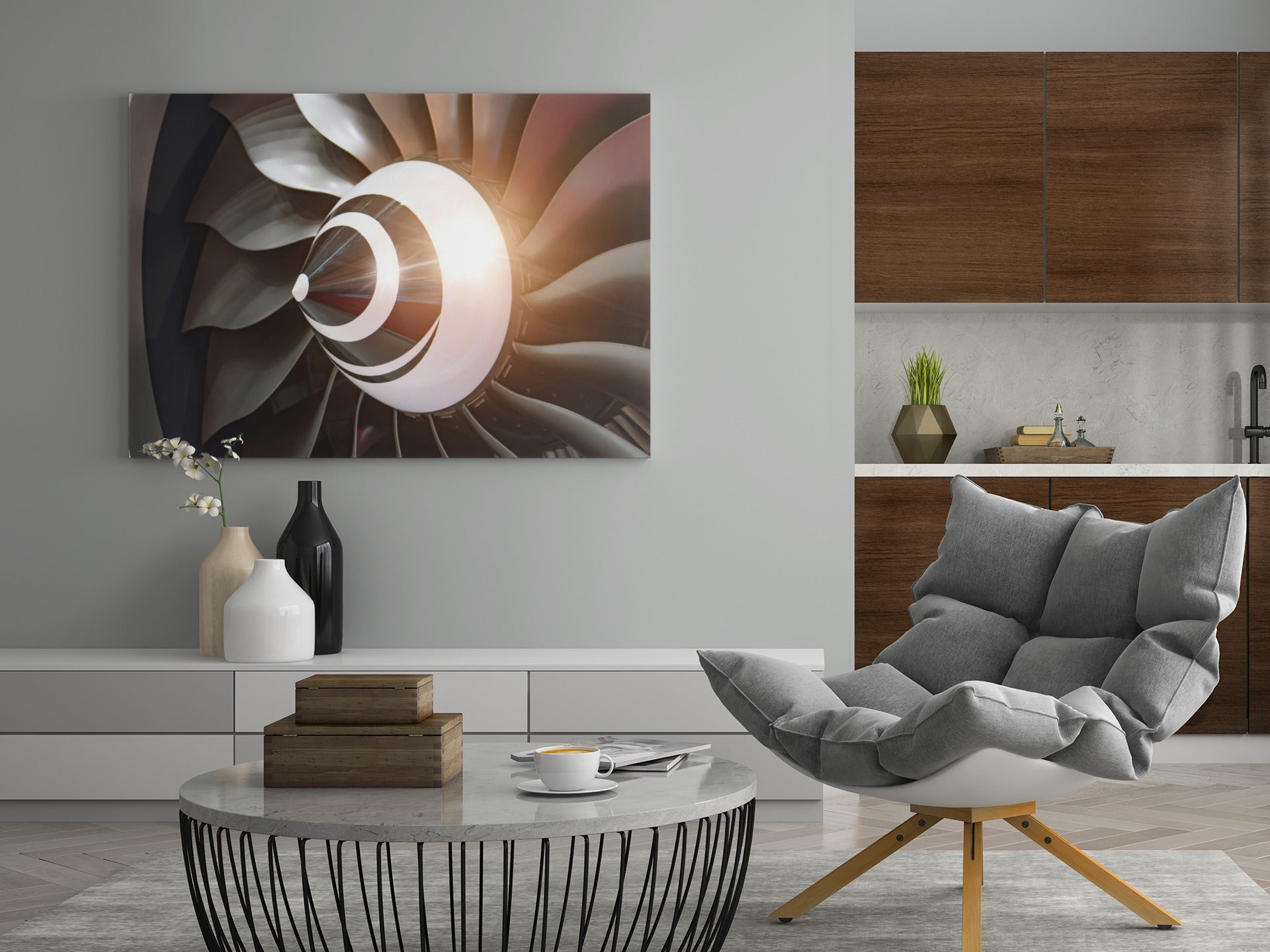 Leinwandbild mit Flugzeugturbinen-Motiv, weißem Rad und braunen Schaufeln