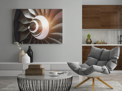 Leinwandbild mit Flugzeugturbinen-Motiv, weißem Rad und braunen Schaufeln