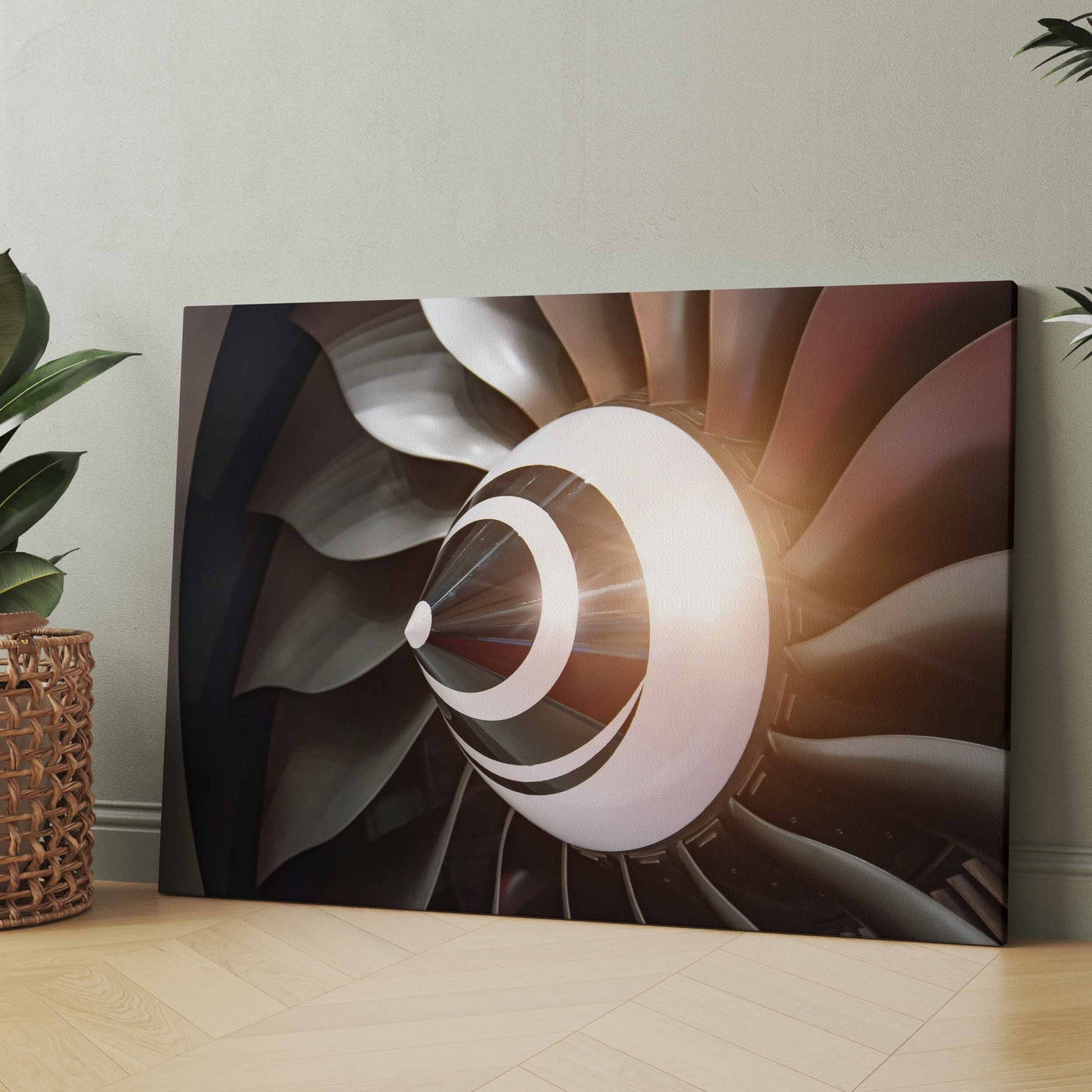 Leinwandbild im Querformat mit weißem Turbinenrad und braunen Spirallamellen