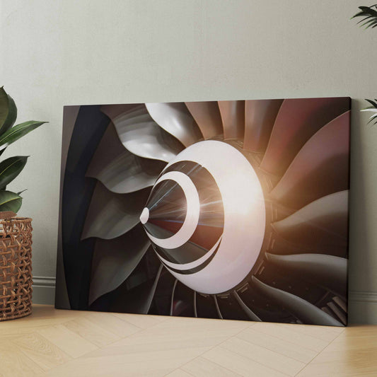 Leinwandbild im Querformat mit weißem Turbinenrad und braunen Spirallamellen