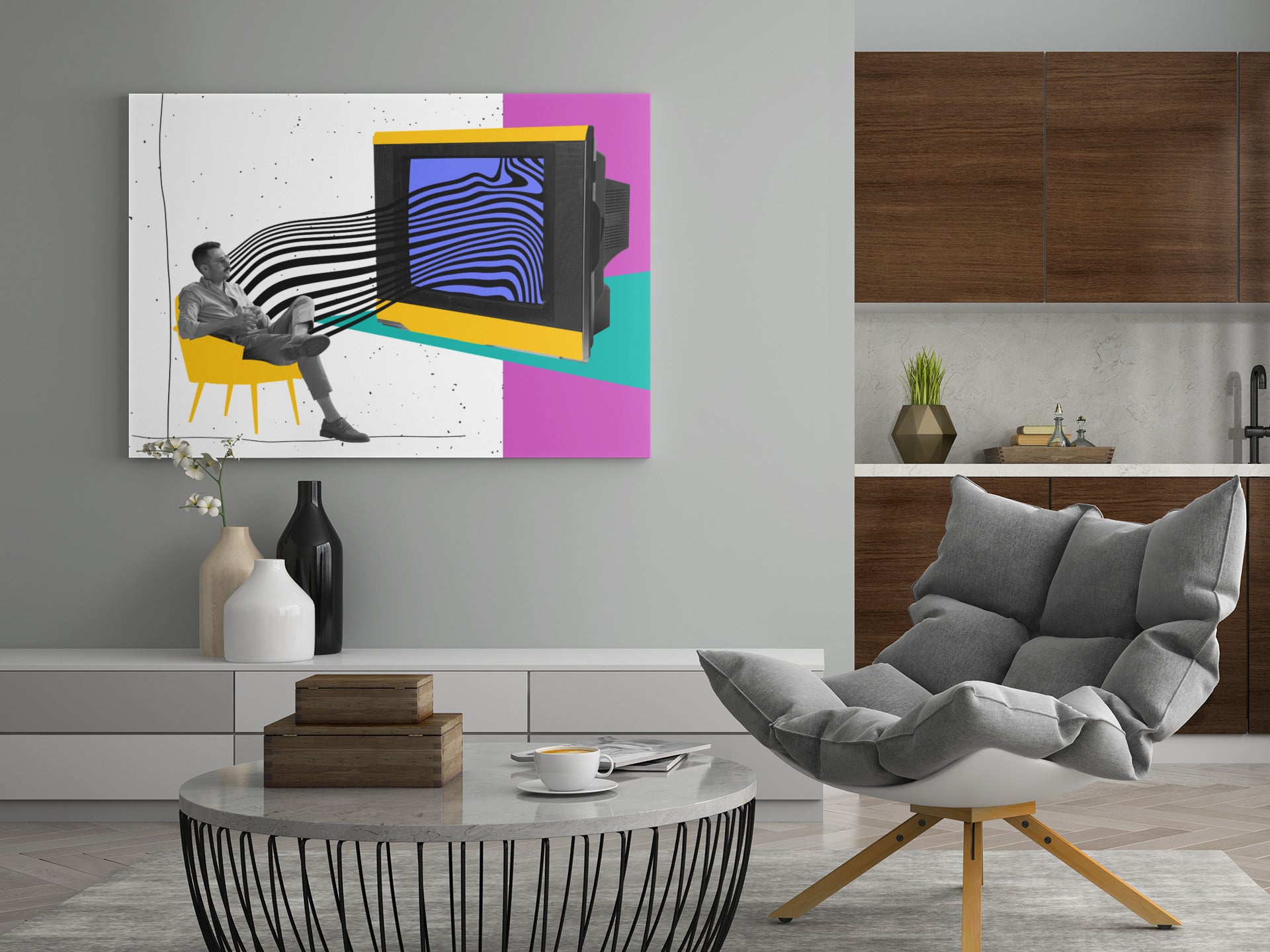 Retro-TV-Motiv auf Leinwand: sitzende Figur, gelbe/pinke Flächen, blaue Wellen im Bildschirm