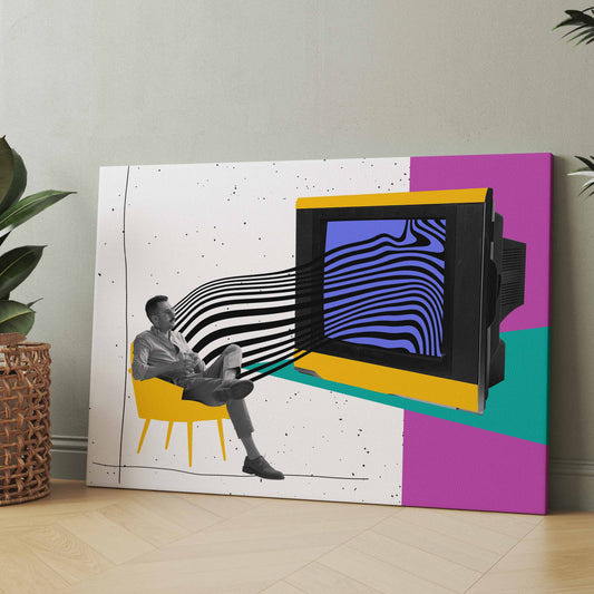 Retro-TV-Motiv auf Leinwand: sitzende Person, buntes Geometrie-Design und Bildschirmstreifen