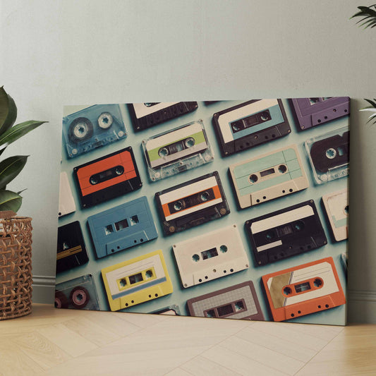 Retro-Kassetten-Poster/Leinwand mit Collage mehrerer Kassetten in Pastellfarben