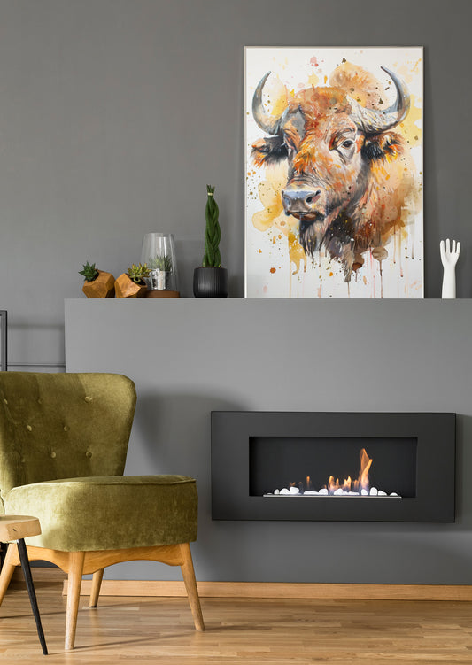 Büffel-Pastellposter mit stilisiertem Büffelkopf und Spritzfarben im Pastelllook