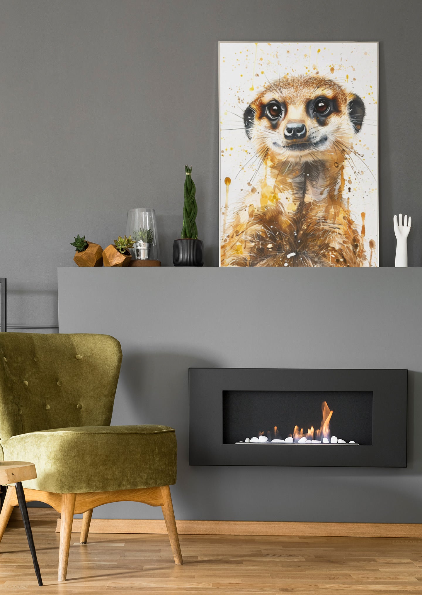 Tierposter mit Erdmännchen-Illustration, braun-weißer Körper, Spritzdekor auf hellem Hintergrund