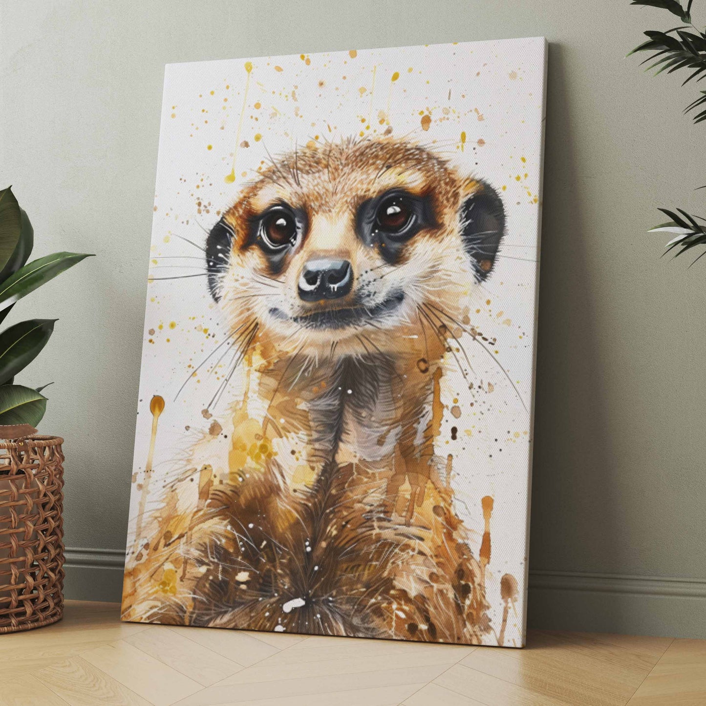 Leinwandposter mit Erdmännchen, Spritzdekor in Pastellgelb, braunes Fell und weiße Schnauze
