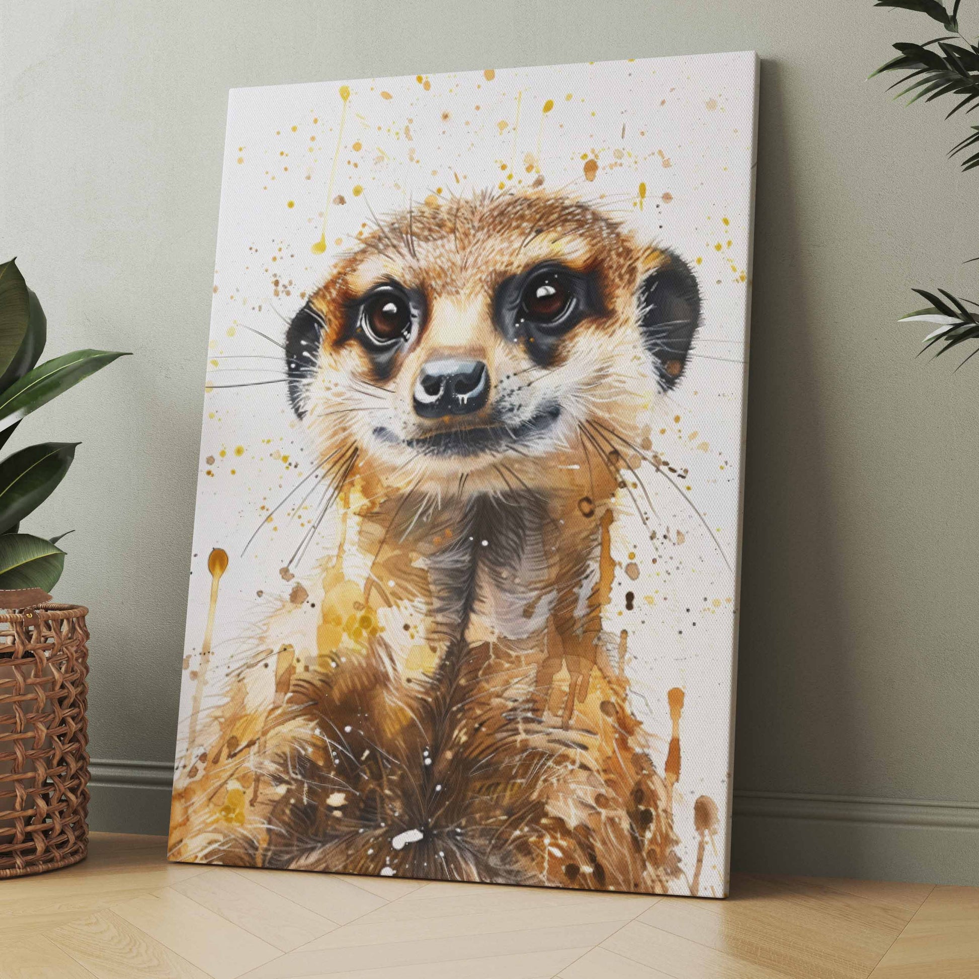 Leinwandposter mit Erdmännchen, Spritzdekor in Pastellgelb, braunes Fell und weiße Schnauze