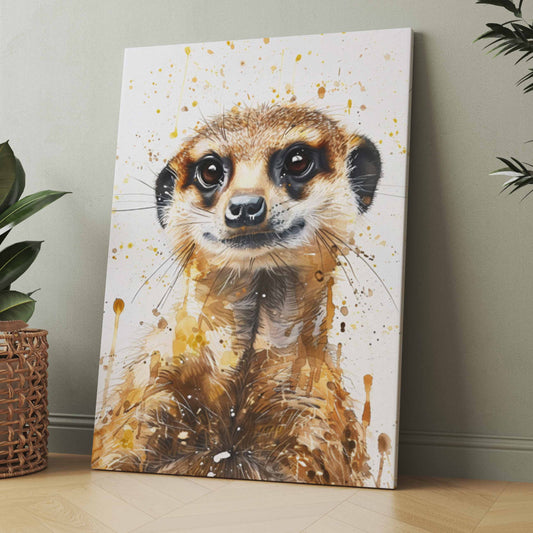 Leinwandposter mit Erdmännchen, Spritzdekor in Pastellgelb, braunes Fell und weiße Schnauze