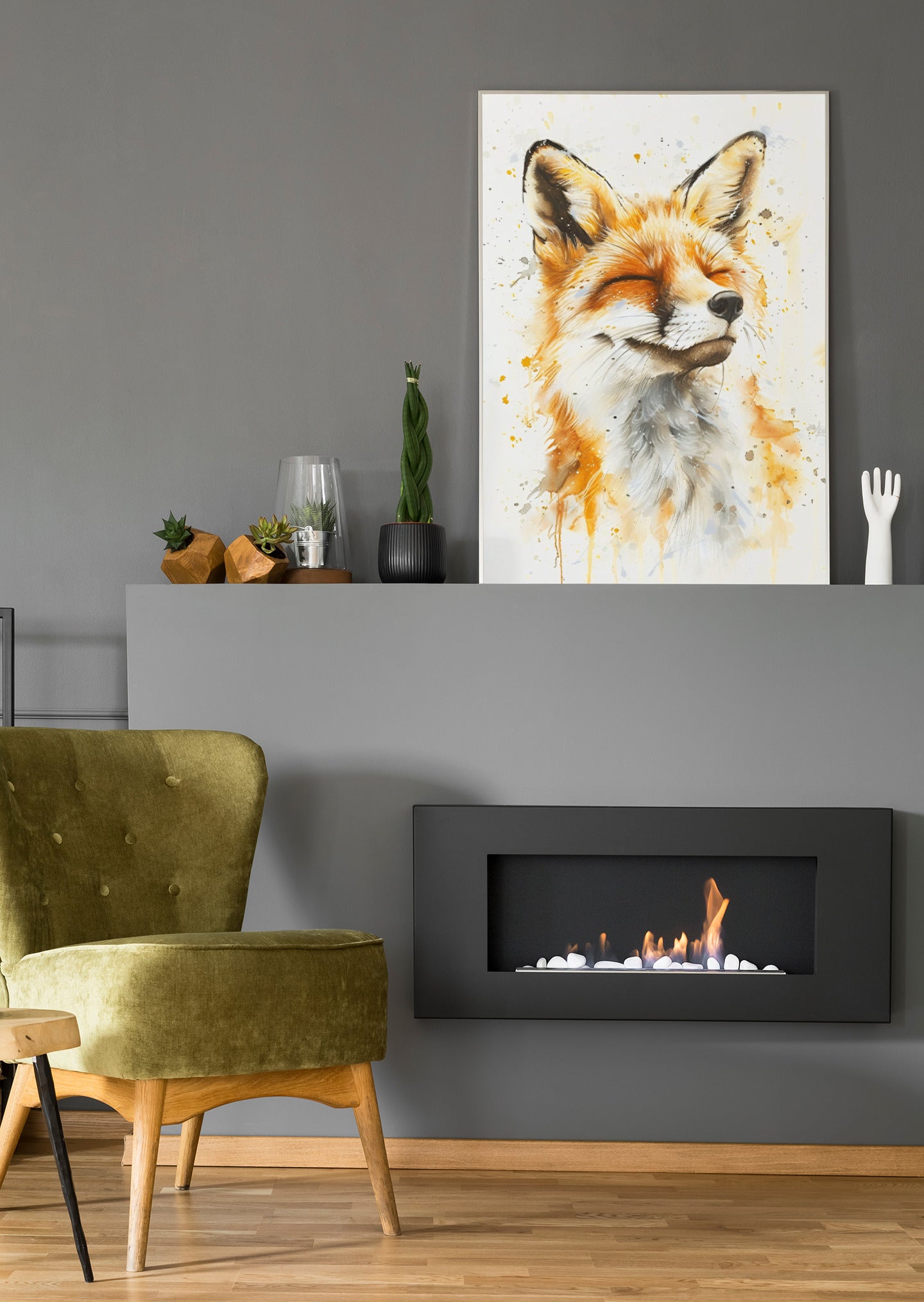 Fuchs-Pastellposter an der Wand: orange-weißes Porträt mit Farbspritzern