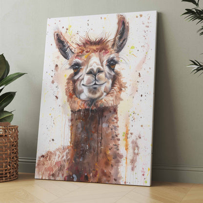 Lama-Pastellmotiv als Druck: ganzer Lama mit Farbspritzern, Pinselstrich-Details im Gesicht.