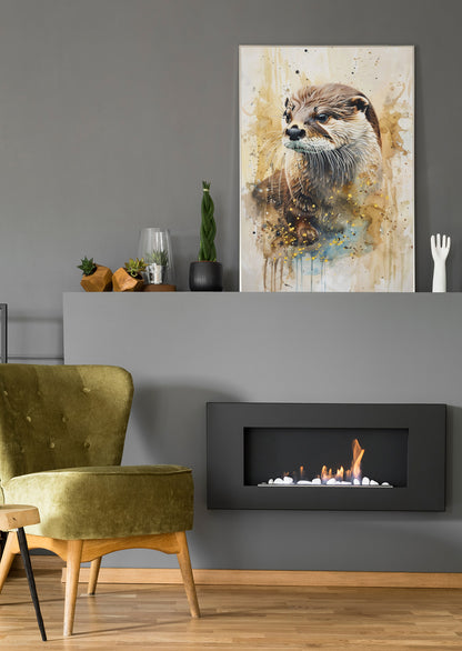 Wandbild im Hochformat mit Otterporträt in Pastellfarben und Farbspritzern