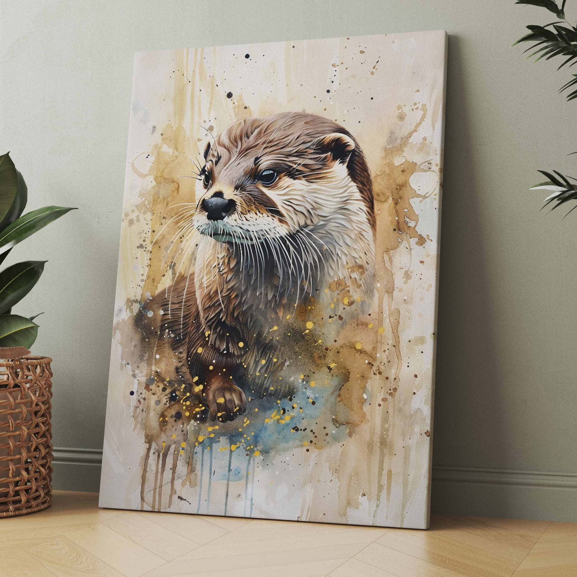 Leinwandbild mit Otterporträt in Pastellfarben, Spritzern, Hochformat