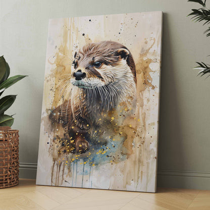 Leinwandbild mit Otterporträt in Pastellfarben, Spritzern, Hochformat