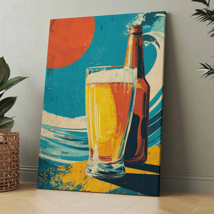 Leinwandbild mit Bierflasche und vollem Bierglas auf blau-gelb-orangen Flächen