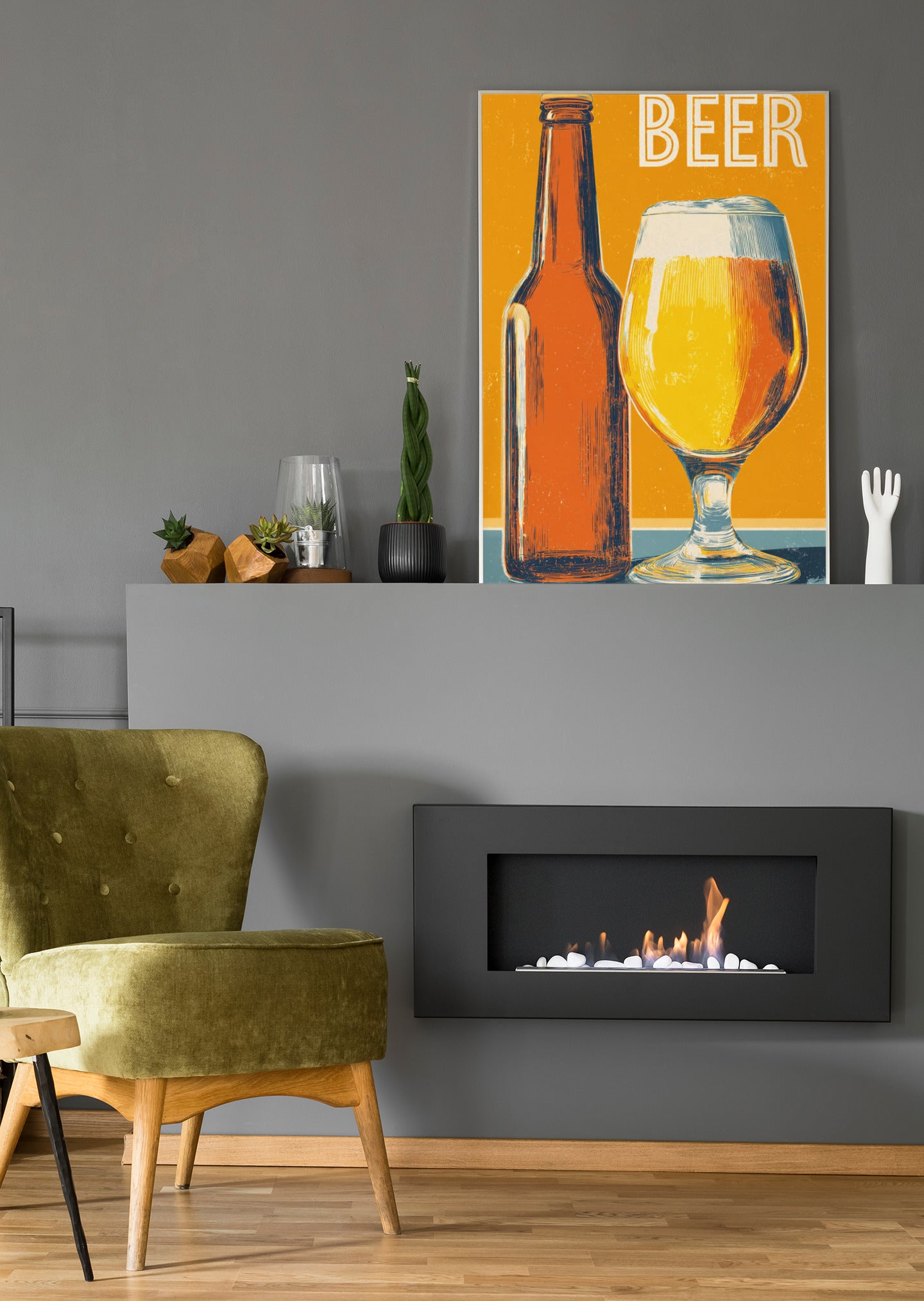 Bierleinwand an der Wand mit Flasche, Glas und Schriftzug „BEER“
