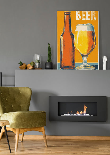Bierleinwand an der Wand mit Flasche, Glas und Schriftzug „BEER“
