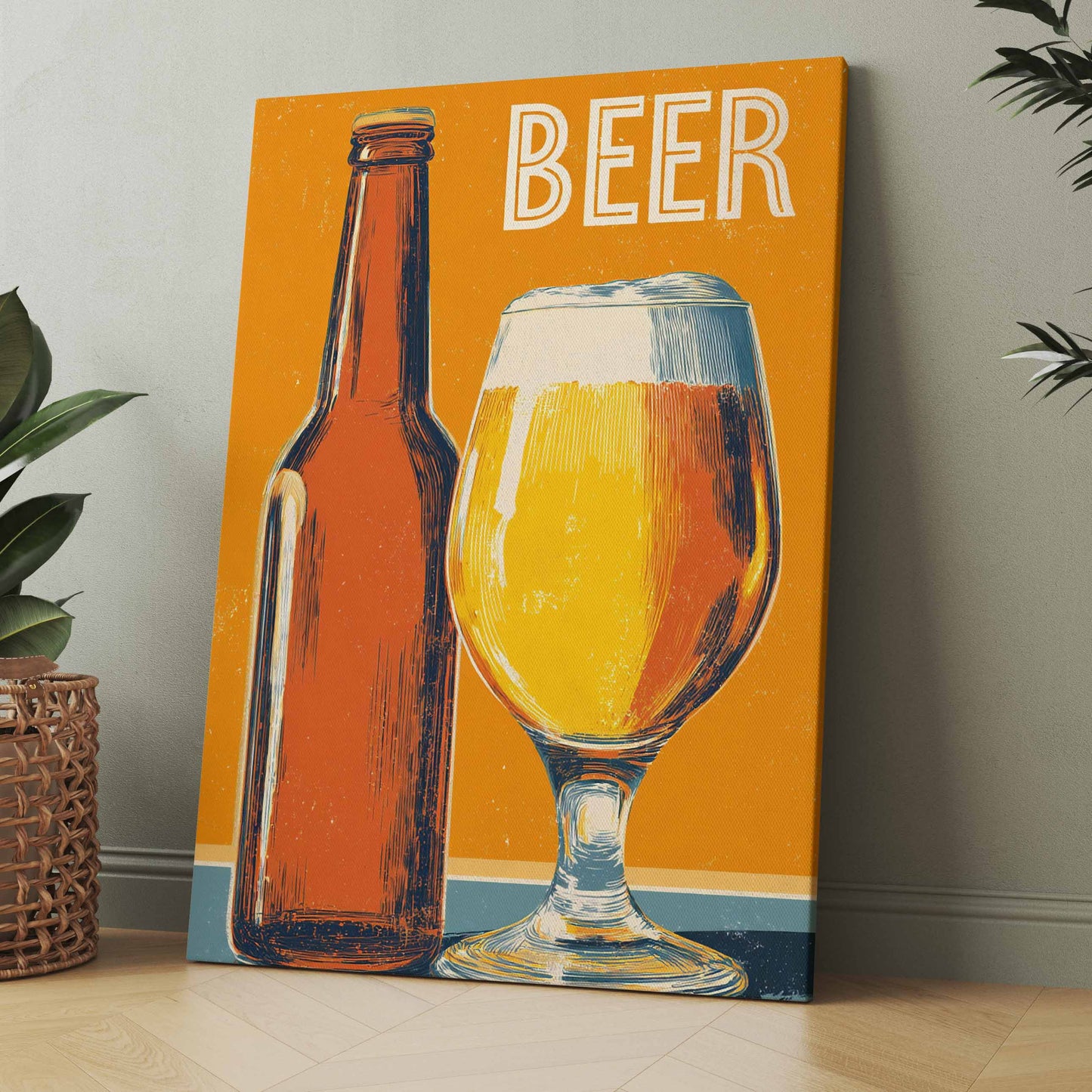 Bierposter mit Flasche und Glas, gelber Hintergrund, Schriftzug „BEER“