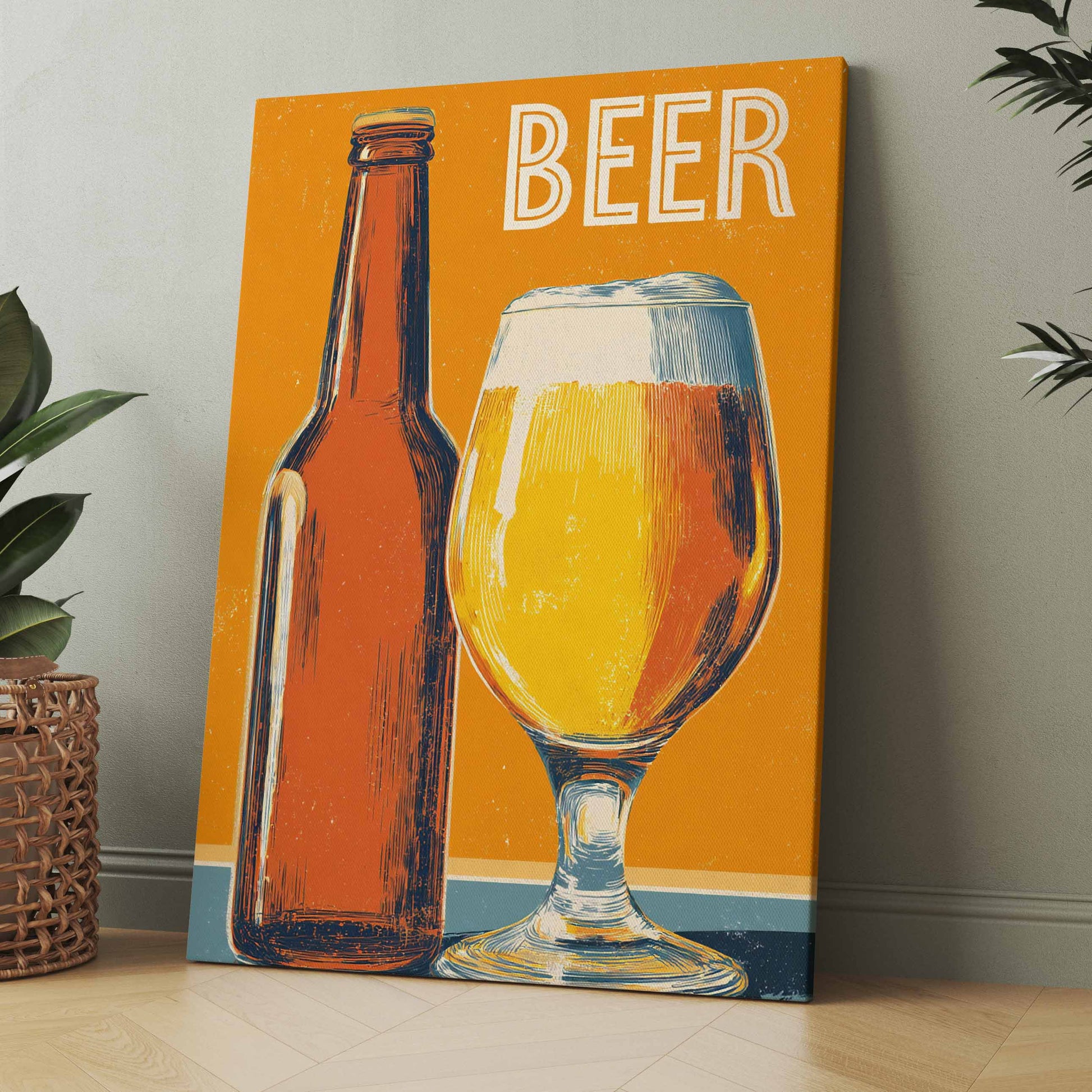 Bierposter mit Flasche und Glas, gelber Hintergrund, Schriftzug „BEER“