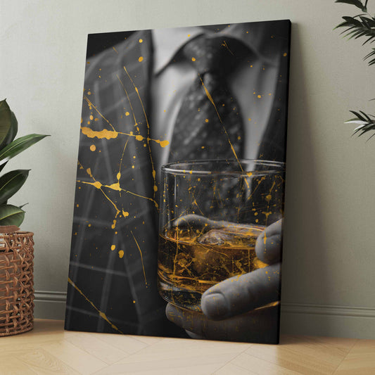 Poster oder Leinwand: schwarzer Anzug mit goldenen Sprenkeln und Linien