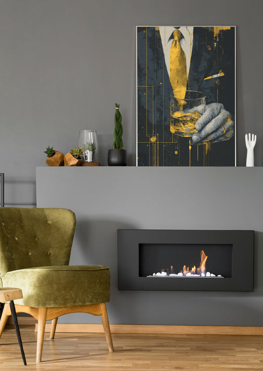 Kunstposter mit goldener Krawatte und Whiskyglas, blauer Handschuh-Hand, vertikales Motiv