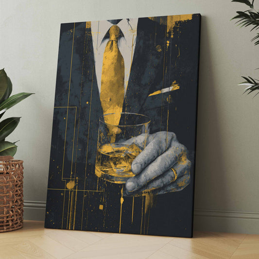 Kunstposter mit goldener Krawatte, Whiskyglas und blauer Handschuh-Hand auf dunklem Hintergrund