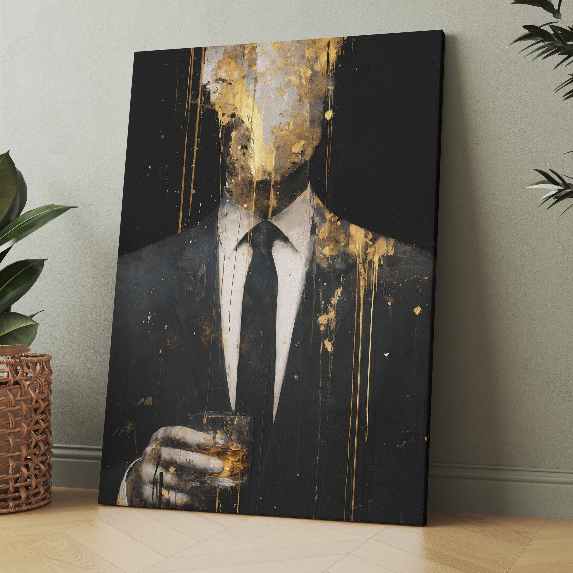 Leinwandbild: goldener Anzugmann mit weißem Hemd und schwarzer Krawatte, abstrakte Spritzer