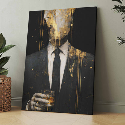 Leinwandbild: goldener Anzugmann mit weißem Hemd und schwarzer Krawatte, abstrakte Spritzer