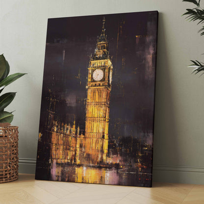 Wandbild Big Ben bei Nacht auf Leinwand, goldene Turmuhr, dunkler Himmel
