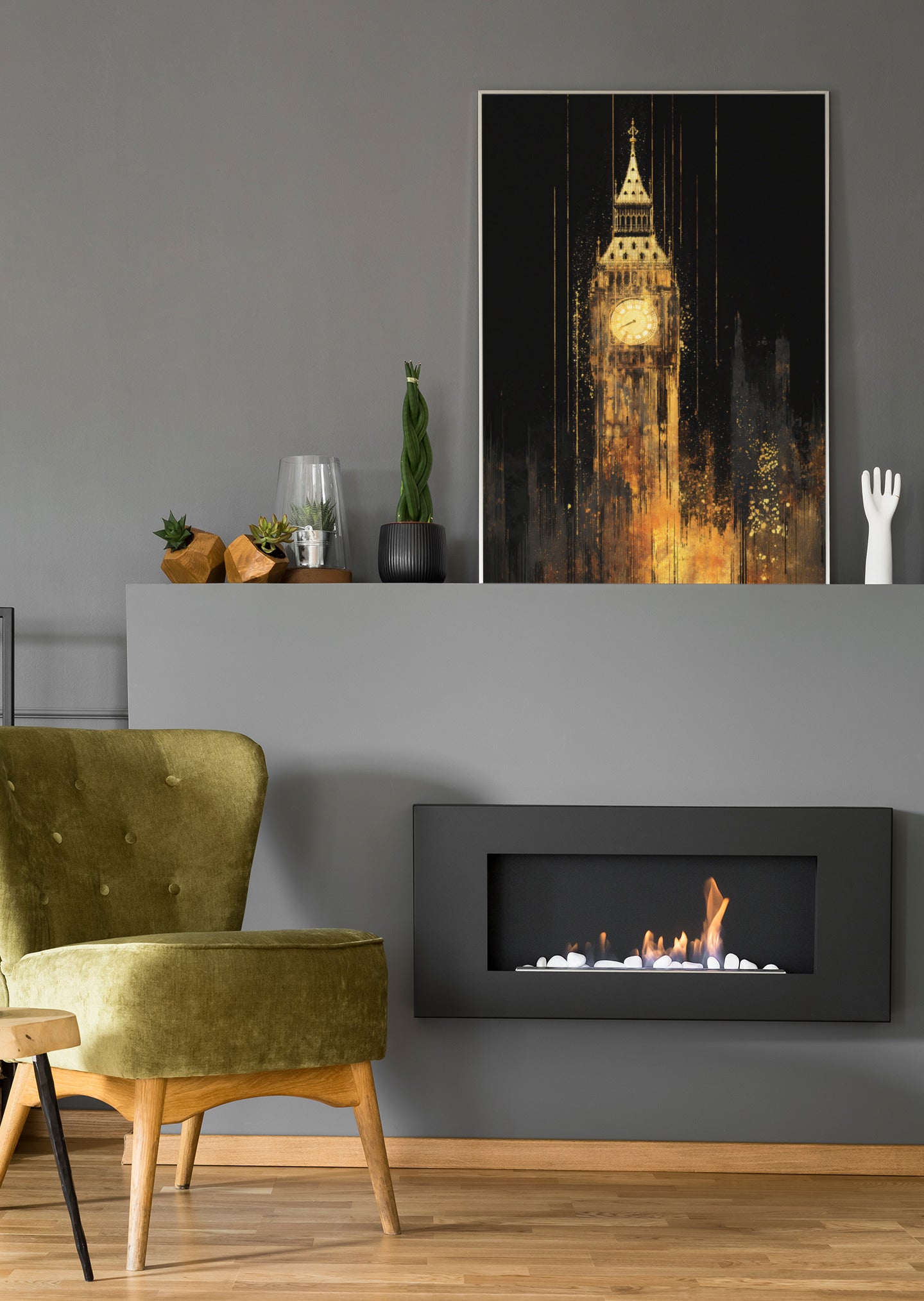 Gerahmtes Poster mit Big Ben im Gold-Look vor dunklem Hintergrund