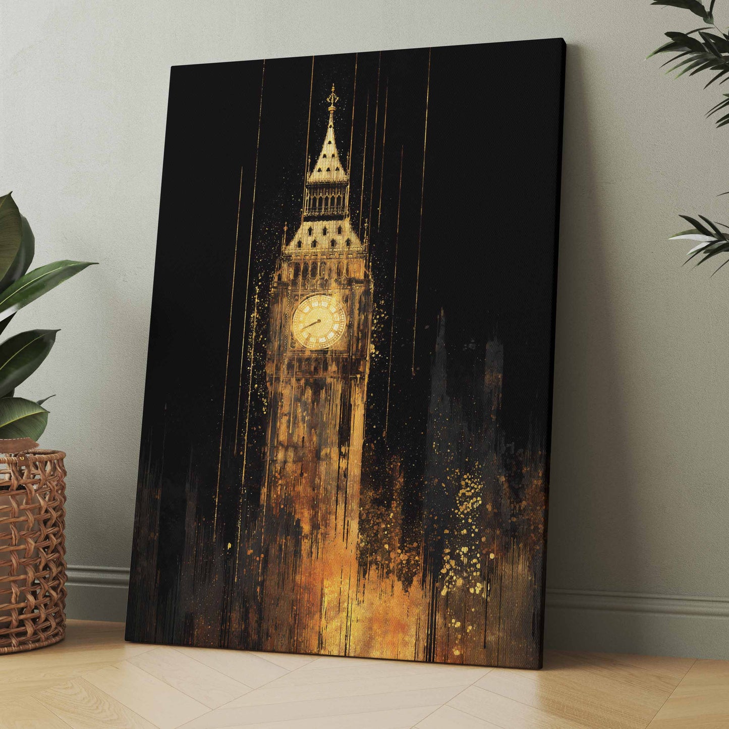 Leinwandbild mit goldener Big-Ben-Uhr auf schwarzem Hintergrund