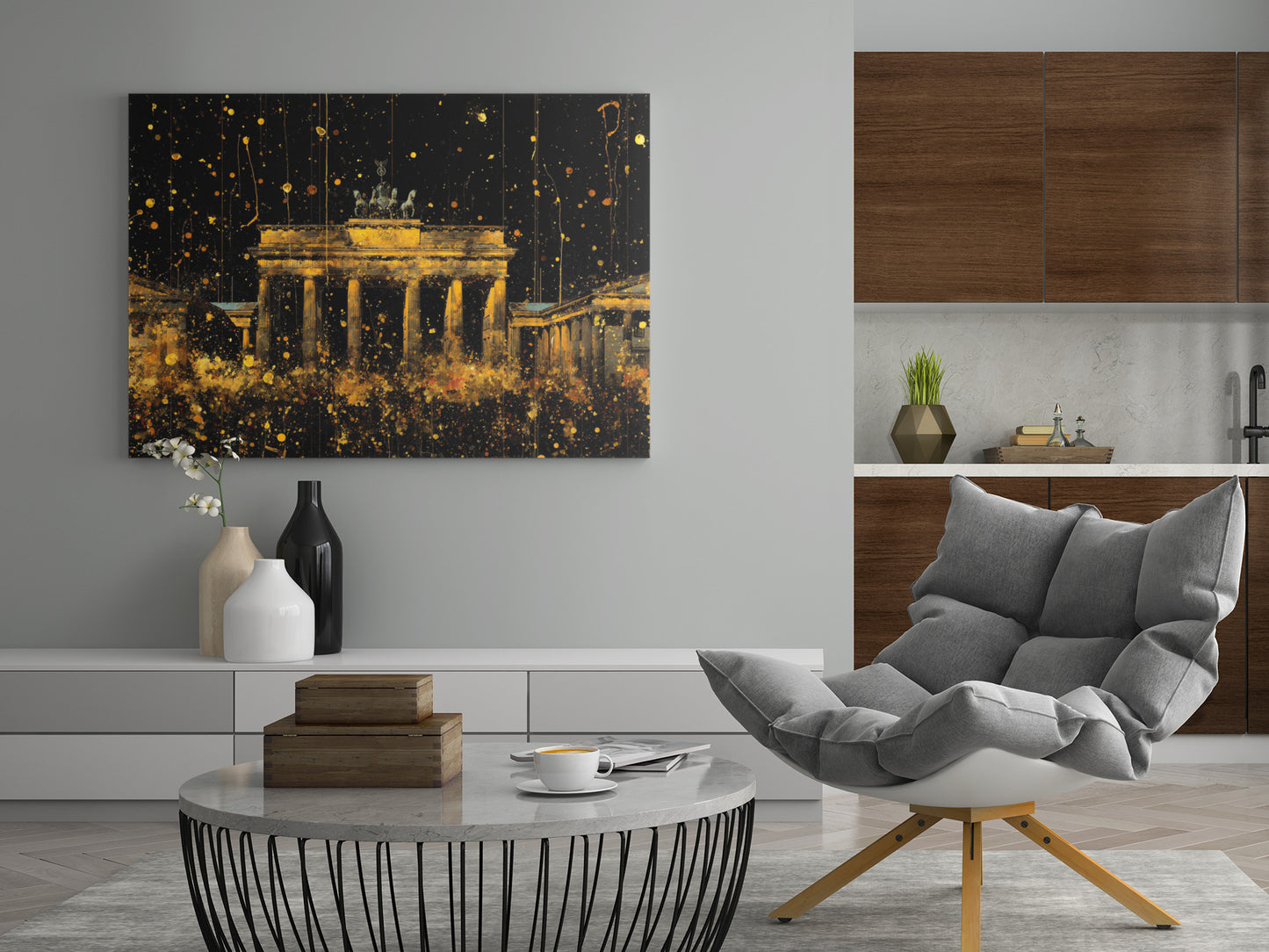 Wandbild an der Wand: Brandenburger Tor in Goldtönen, schwarzer Hintergrund mit goldenen Punkten