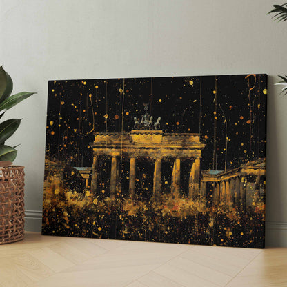 Wandbild auf dem Boden: Brandenburger Tor in Goldtönen, schwarzer Hintergrund mit goldenen Punkten