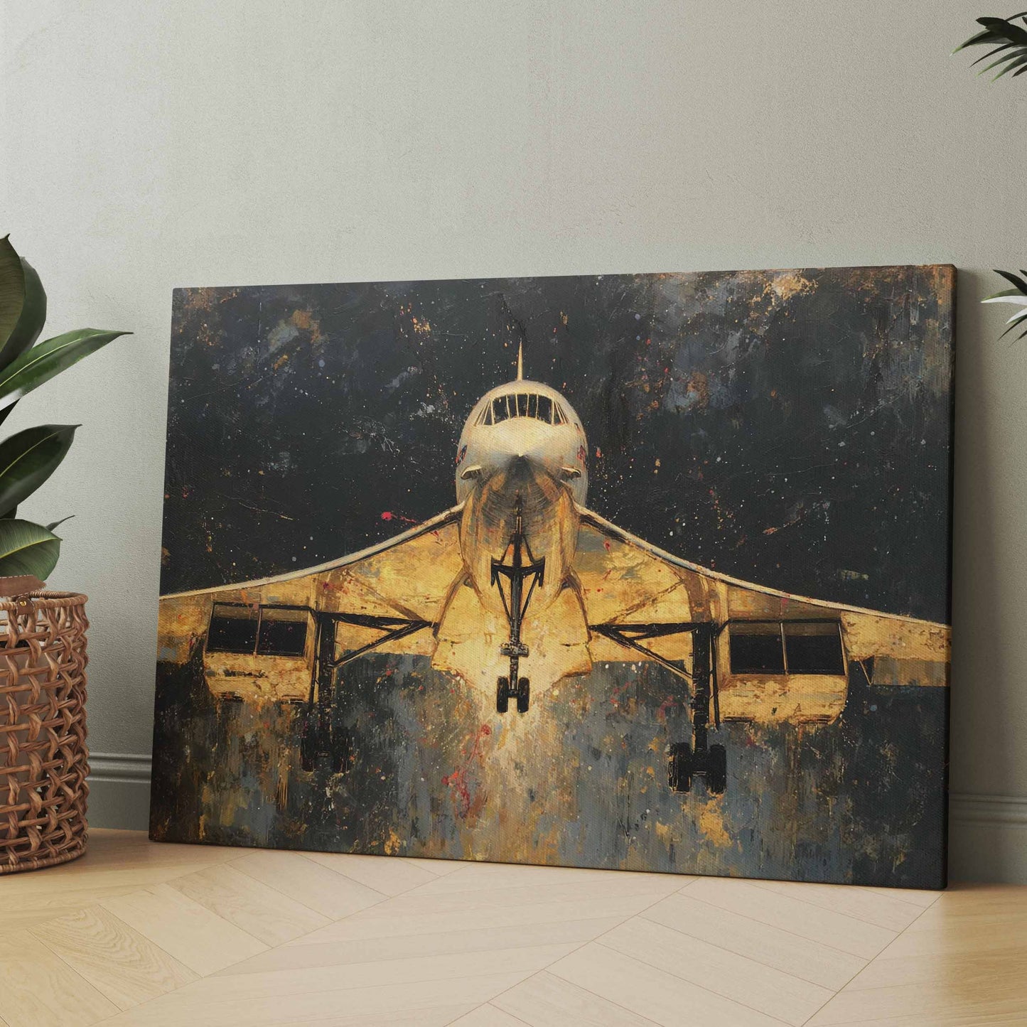 Rechteckiges Wandbild mit goldenem Flugzeug und Flügeln, dunkler Hintergrund