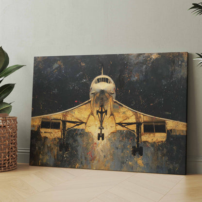 Rechteckiges Wandbild mit goldenem Flugzeug und Flügeln, dunkler Hintergrund