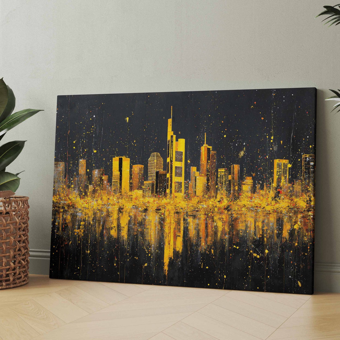 Leinwand mit Frankfurter Skyline in Gold auf dunklem Grund, mit Spiegelung im Wasser.
