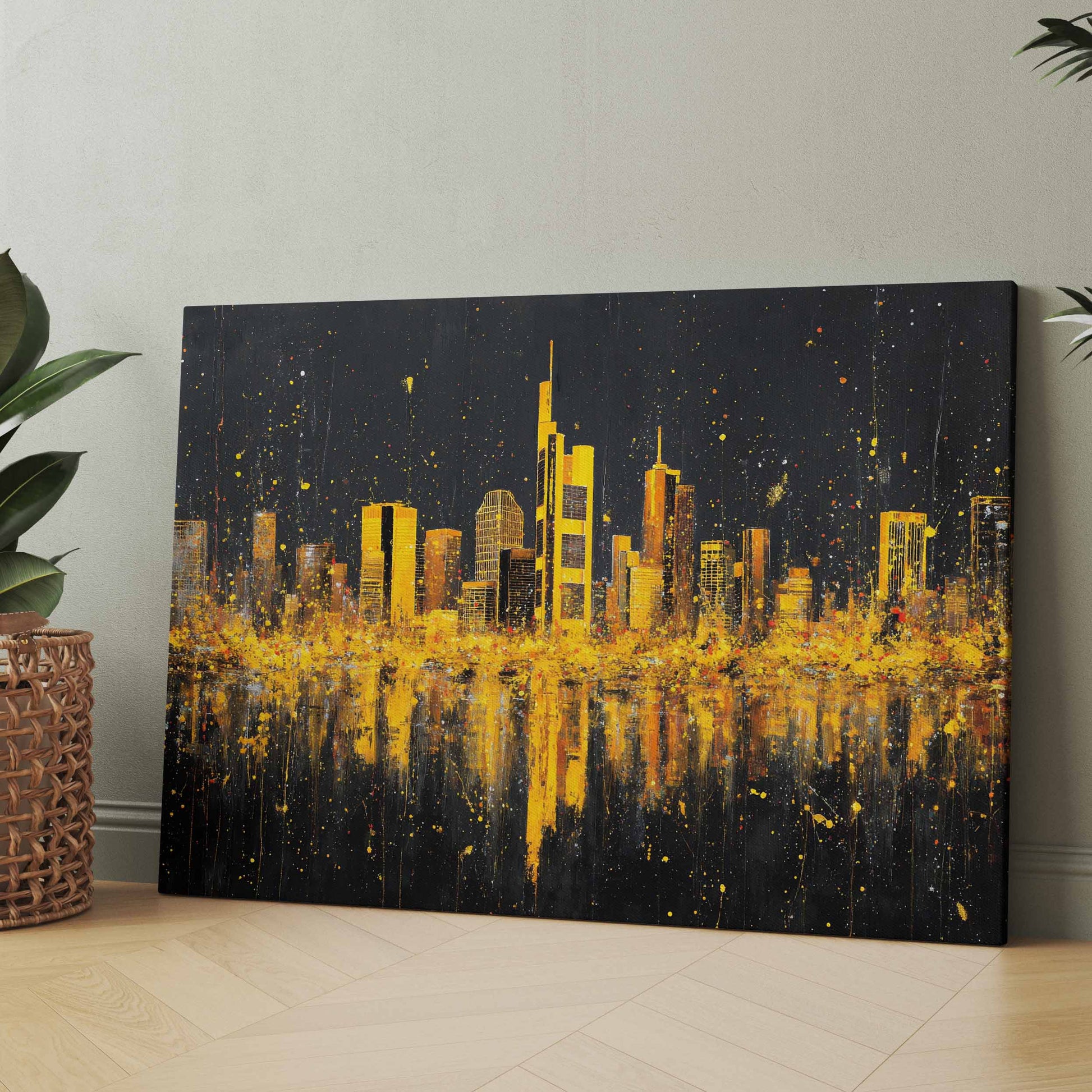 Leinwand mit Frankfurter Skyline in Gold auf dunklem Grund, mit Spiegelung im Wasser.