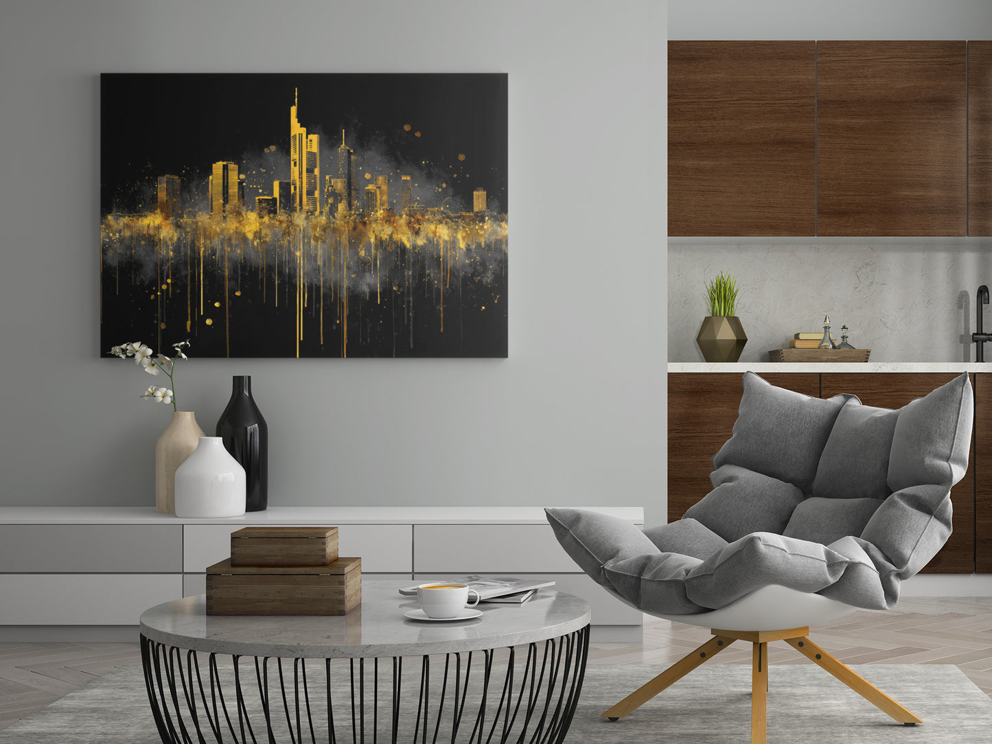 Leinwand mit Skyline: goldene Türme und Lichtstreifen, dunkler Nachthimmel.