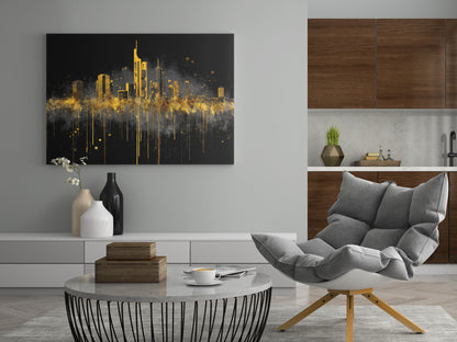 Leinwand mit Skyline: goldene Türme und Lichtstreifen, dunkler Nachthimmel.