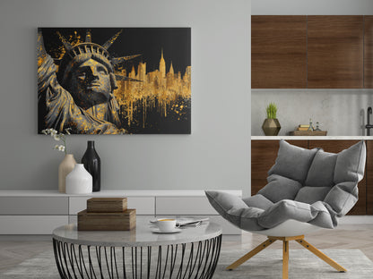 Leinwandbild mit Freiheitsstatue und Skyline, goldene Farbpartikel auf dunklem Hintergrund
