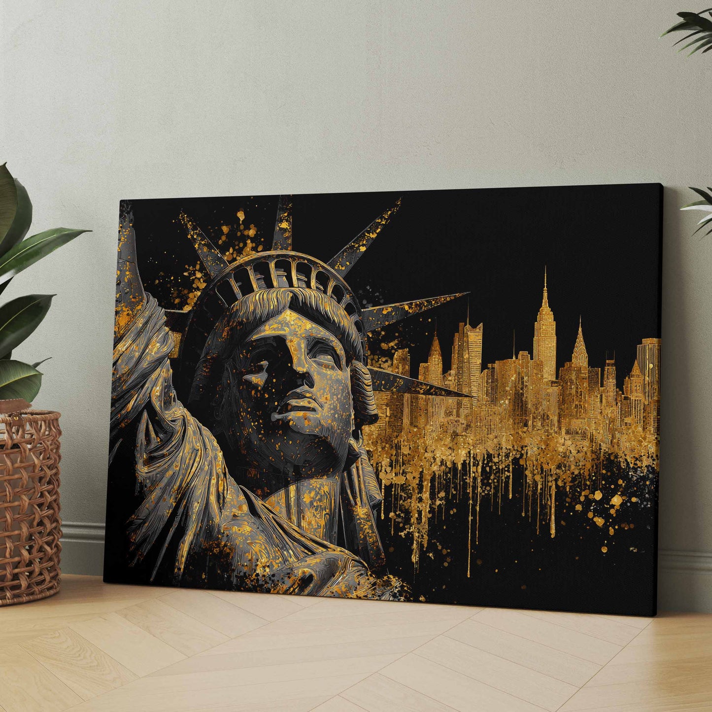 Leinwandbild mit Freiheitsstatue und NYC-Skyline, goldene Sprenkel auf dunklem Hintergrund