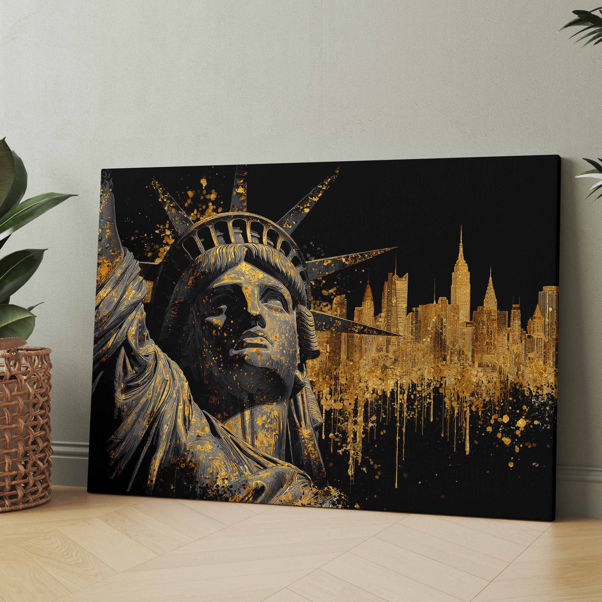 Leinwandbild mit Freiheitsstatue und NYC-Skyline, goldene Sprenkel auf dunklem Hintergrund