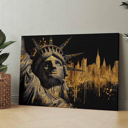 Leinwandbild mit Freiheitsstatue und NYC-Skyline, goldene Sprenkel auf dunklem Hintergrund